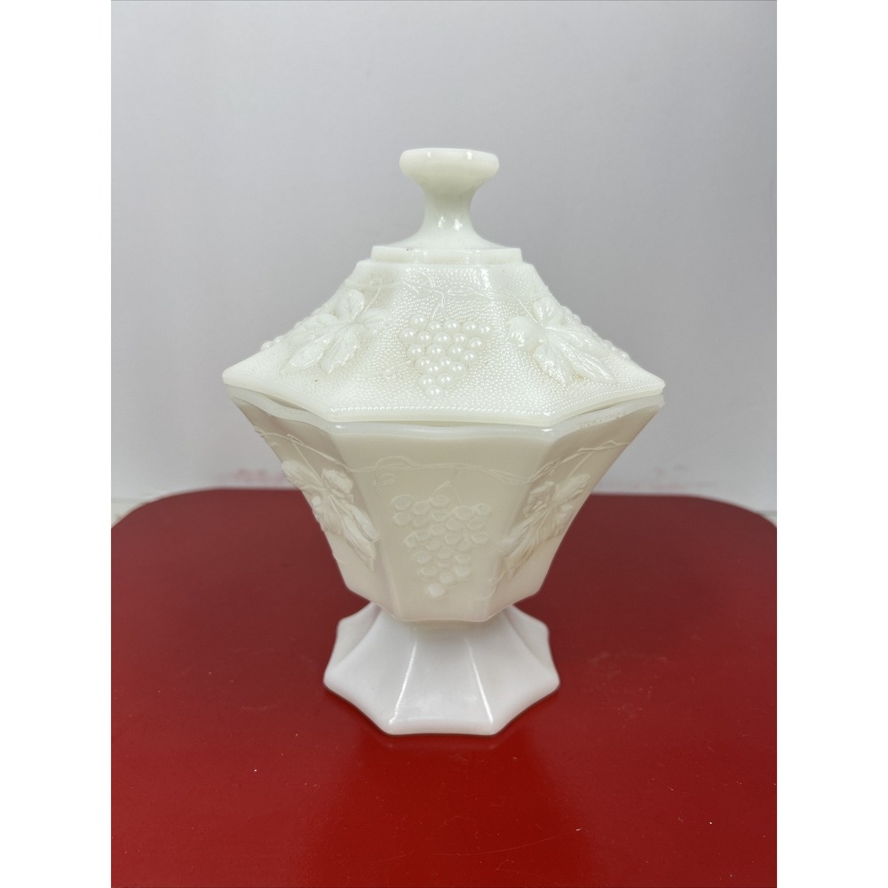 Vintage Milk Glass Covered Candy Dish Grapes Leaves Octagon Pedestal 8"